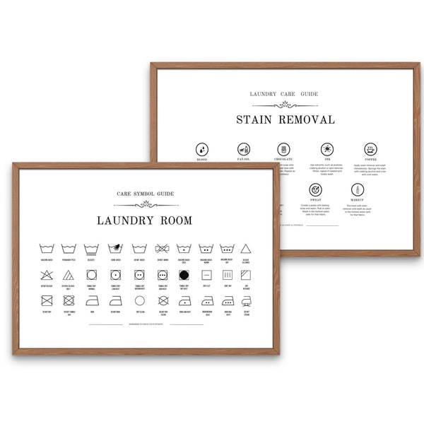 Laundry Room Prints,Set of 2 Digital Printable Art, Laundry Guide Care Instructions, Utility Room, Washing Symbols Poster, Stain Removal