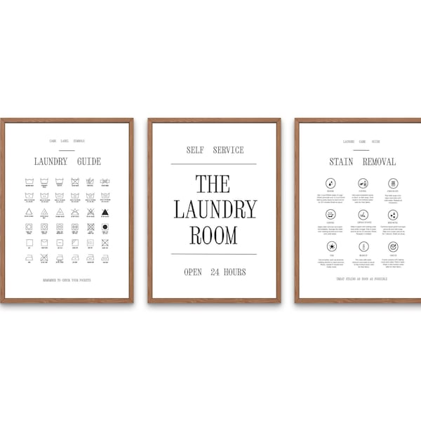 Laundry Room Art Prints,Set of 3, Laundry Guide Care Instructions, Utility Room Prints, Washing Symbols Poster, Typography Print