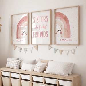Las hermanas son las mejores amigas, juego de 3 impresiones de acuarela arcoíris, arte personalizado, impresiones arcoíris, dormitorio de hermanas, decoración de pared para niñas