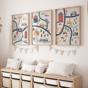 Set di auto e mezzi di trasporto, set di 3 poster di mezzi di trasporto, stampe di veicoli, stampe di auto, decorazioni per la camera da letto dei bambini, stampe per la sala giochi, bambini scandinavi, arte murale