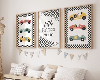 Racing Car Nursery Prints: Scandi Kids Room Decor, Set of 3