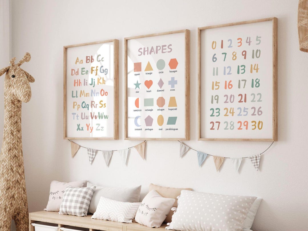 Alphabet Chart, Numbers Chart, ABC Poster, Set of 3 Educational Nursery