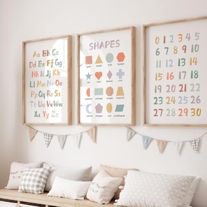 Tableau de l'alphabet, tableau des nombres, affiche ABC, lot de 3 impressions éducatives pour chambre d'enfant, impression de formes, décoration de chambre d'enfant Scandi, impressions numériques de salle de jeux