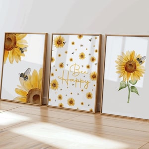 Sunflower Bee Watercolor Print Set: Floral Wall Art