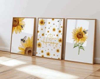 Sunflower Bee Watercolor Print Set: Floral Wall Art
