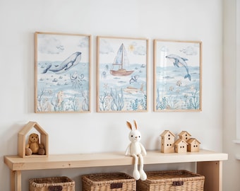 Ocean Nursery Prints Set: Whale, Sailboat, Dolphin - Under The Sea Watercolor Playroom Decor