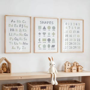 Set of 3 Educational Nursery Alphabet Prints: Numbers, Shapes Chart, ABC Poster, Playroom Decor, Wall Art for Kids image 4