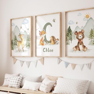 Waldtiere Kinderzimmer Print Set: Personalisierte Wald Thema Kunst