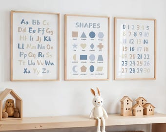 Educational Nursery Prints Set: Alphabet, Numbers, Shapes - Scandi Decor, Playroom Decor
