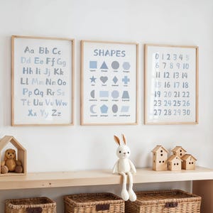 Set of 3 Educational Nursery Alphabet Prints: Numbers, Shapes Chart, ABC Poster, Playroom Decor, Wall Art for Kids image 6