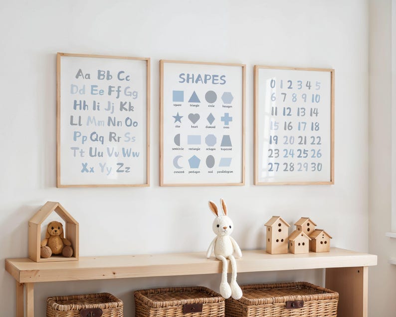 Set of 3 Educational Nursery Alphabet Prints: Numbers, Shapes Chart, ABC Poster, Playroom Decor, Wall Art for Kids image 6