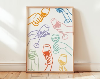 Colorful Wine Glasses Art Print, Retro Kitchen Wall Decor