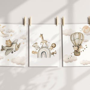 Safari Nursery Wall Prints, Safari Animal Set of 3 Prints for Nursery, Rainbow Wall Art for Baby Bedroom, Neutral Boho Nursery Prints,