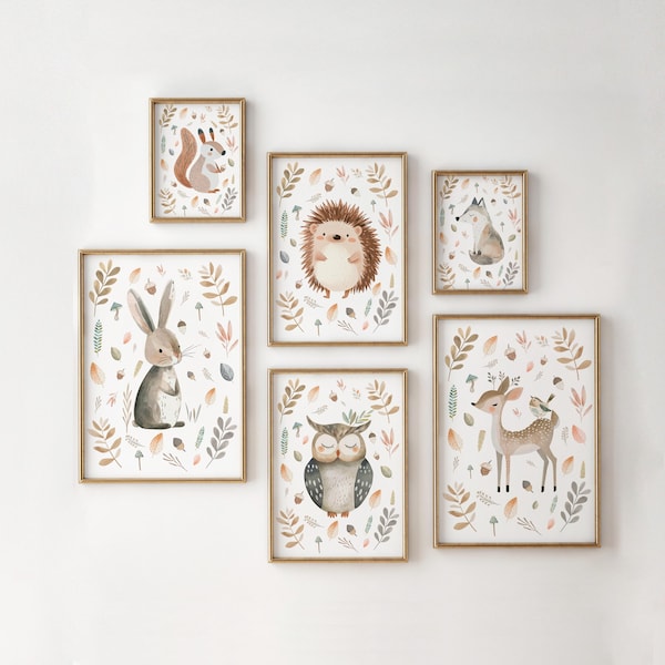Bosdieren kinderkamerprints Mix & Match, babykamerkunst aan de muur voor speelkamerdecor met bosthema, neutrale set dieren