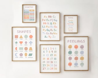 Educational Nursery Print: Mix & Match Alphabet Prints, Numbers, Shapes, Feeling, Chart Wall Art, Kids Room Decor