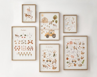 Farm Animals Prints, Alphabet & Numbers Kids Bedroom Wall Art, Playroom Decor, Farmer Boy, Tractor, Barnyard