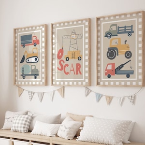 Stampe per auto e trasporti, Set di 3 poster di trasporto personalizzati, stampe di veicoli, stampa di automobili, stampe per sala giochi, Scandi Kids, arte della parete