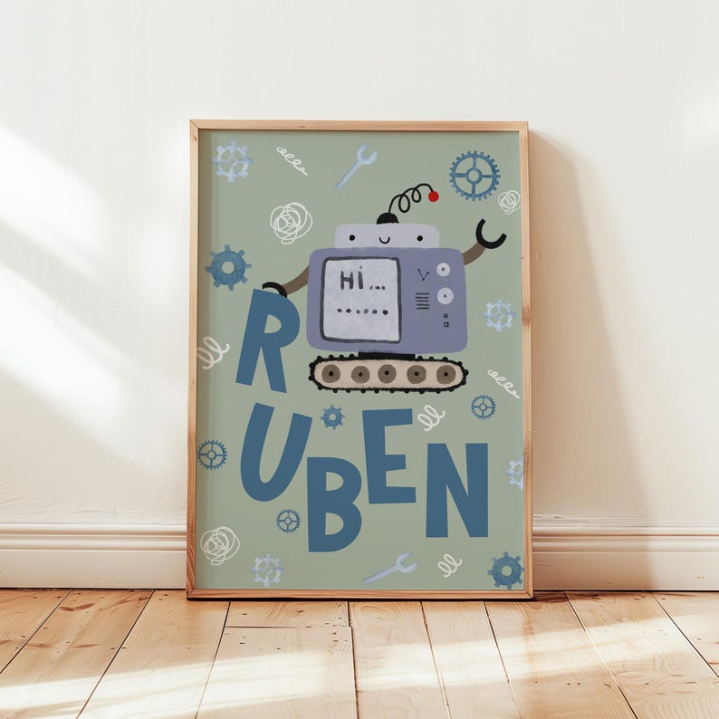 Personalized Robot Print Set: Scandi Kids Room Decor, Custom Nursery ...