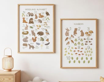 Woodland Alphabet and Numbers Prints: Nursery Decor, Set of 2, Forest Animal Learning Posters