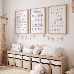 Set of 3 Educational Nursery Alphabet Prints: Numbers, Shapes Chart, ABC Poster, Playroom Decor, Wall Art for Kids image 2