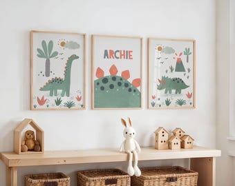 Set of 3 Personalised Dinosaur Prints, Dino Bedroom, Scandi Kids Art, Nursery Room Posters, Playroom Decor