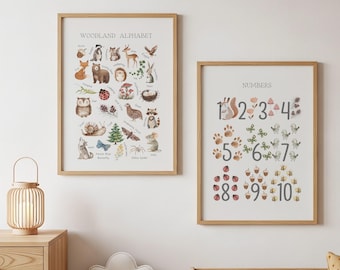 Woodland Alphabet and Numbers Prints for Nursery Decor, Kids Learning Art, Forest Animal Wall Posters, Educational Print Set of 2