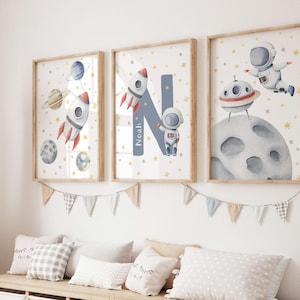 Impresión digital personalizada del espacio, impresión del nombre del espacio, arte de pared para guardería, decoración de guardería Space Boy, decoración de habitación de niños, impresiones de astronautas
