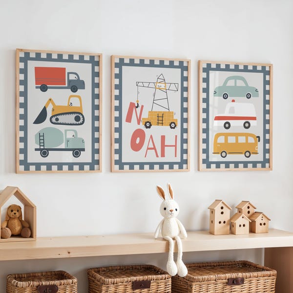 Láminas personalizadas de coches y transportes: Arte mural escandinavo para habitación infantil (juego de 3), decoración para sala de juegos, pósteres de vehículos