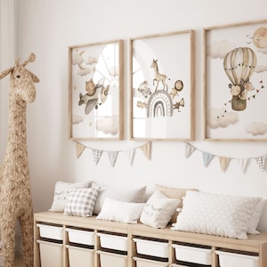 Safari Nursery Wall Prints, Safari Animal Set of 3 Prints for Nursery, Rainbow Wall Art for Baby Bedroom, Neutral Boho Nursery Prints,