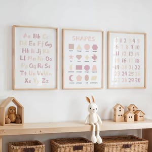 Set of 3 Educational Nursery Alphabet Prints: Numbers, Shapes Chart, ABC Poster, Playroom Decor, Wall Art for Kids image 8
