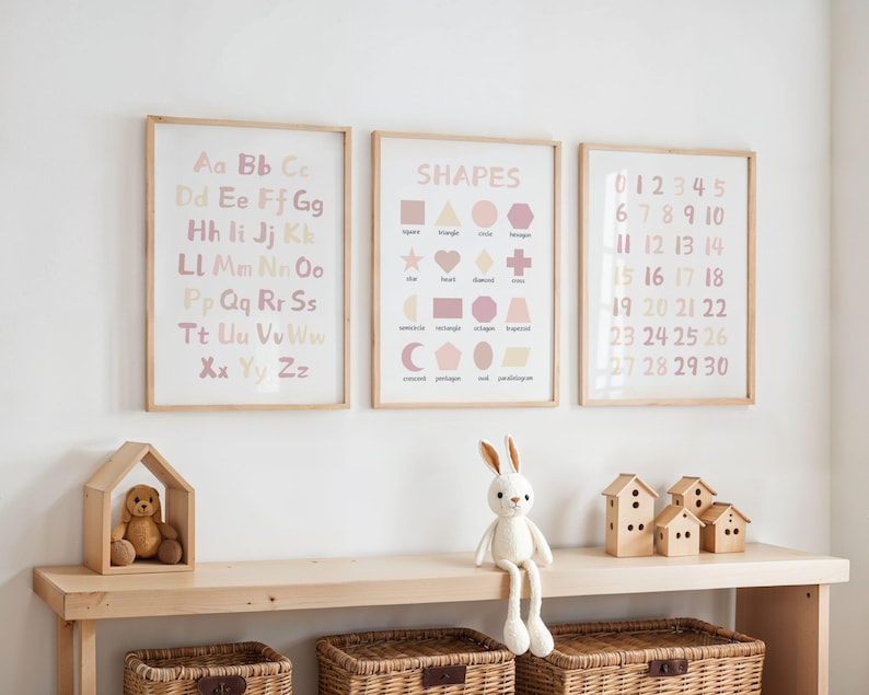 Set of 3 Educational Nursery Alphabet Prints: Numbers, Shapes Chart, ABC Poster, Playroom Decor, Wall Art for Kids image 8