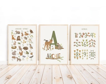 Set of 3, Personalised Woodland Alphabet, Woodland Numbers, Educational Prints, Forest, Woodland Nursery, Neutral Decor, ABC Print, Animals