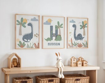 Personalized Dinosaur Prints Set of 3: Custom Scandi Nursery Wall Art, Toddler Dino Playroom Decor, Boys Bedroom Posters