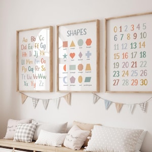 Tabella dell'alfabeto, tabella dei numeri, poster ABC, set di 3 stampe educative per la cameretta dei bambini, stampa di forme, decorazioni scandinave per la cameretta dei bambini, stampe per la sala giochi