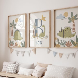 Personalisierte Dinosaurier Drucke Set: Skandinavische Kinderzimmer-Kunst