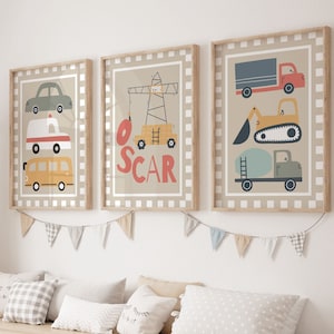 Stampe di auto e trasporti, set di 3 poster di trasporti personalizzati, stampe di veicoli, stampe di auto, stampe per la sala giochi, bambini scandinavi, arte murale