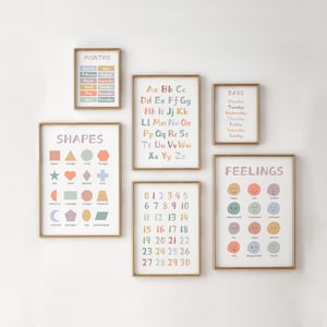 Digital Chart Prints Set of 6, Nursery Decor, Alphabet Print, Numbers, Shapes, Days, Feelings, Educational Wall Art for Kids, Playroom Art