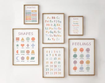 Digital Chart Prints Set of 6, Nursery Decor, Alphabet Print, Numbers, Shapes, Days, Feelings, Educational Wall Art for Kids, Playroom Art