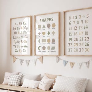Tabla del alfabeto, tabla de números, póster del ABC, juego de 3 láminas educativas para guardería, lámina de formas, decoración escandinava para guardería, láminas para sala de juegos