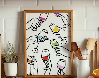 Colorful Wine Glasses Art Print, Retro Kitchen Wall Decor, Wine Lover Gift, Modern Home, Unframed Poster