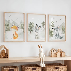 Prints bosdieren, set van 3, decor kinderkamer, speelkamer, bosthema muurkunst, peuterposters