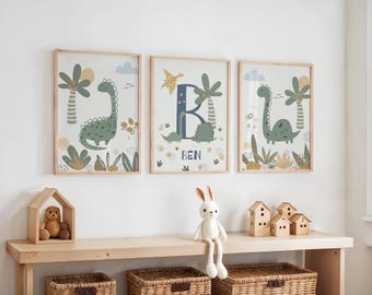 Personalised Dinosaur Prints Set: Scandi Kids Nursery Wall Art, Playroom Dino Decor, Boys Bedroom Posters