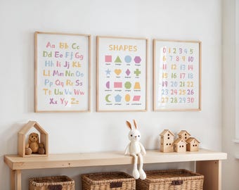 Educatieve kinderkamerafdrukken: ABC, cijfers, vormen - Scandinavische muurkunst, speelkamerdecoratie, kleurrijke alfabetposters