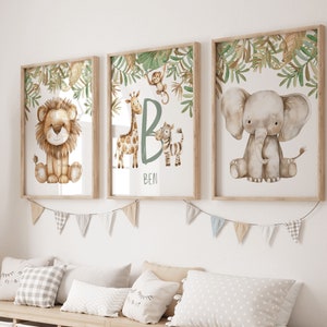 Impresiones personalizadas de la pared del vivero Safari, arte de la pared del vivero, decoración del vivero, Safari, conjunto de 3, animales de la selva africana, león, jirafa, elefante