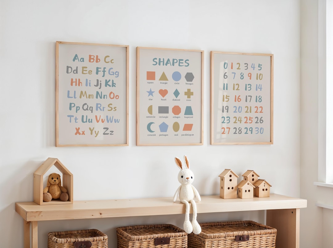 Set of 3 Educational Nursery Alphabet Prints: Numbers, Shapes Chart ...