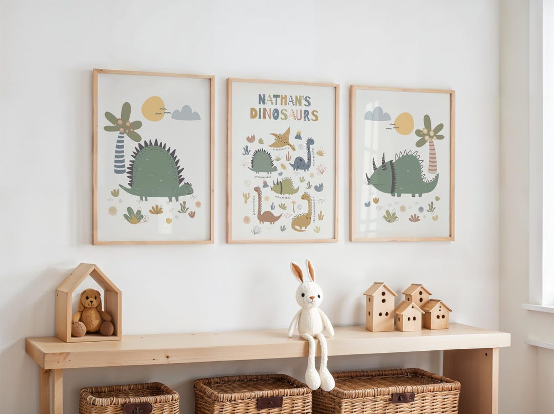 Personalised Dinosaur Prints Set of 3: Scandi Kids Nursery Wall Art ...