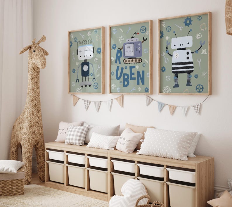 Personalized Robot Print Set: Scandi Kids Room Decor, Custom Nursery ...