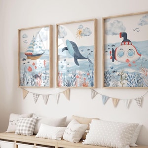 3er Set Kunstdrucke, Ocean Kinderzimmer, Walfisch Druck, Baby Jungen Kinderzimmer, Ozean Thema Kinderzimmer, Unter dem Meer Drucke, Meer Poster