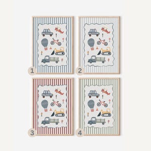 May include: Four rectangular framed wall art prints featuring a central white panel with a scalloped border. The panel displays illustrations of a police car, airplane, bicycle, hot air balloon, excavator, and truck. Each frame has different striped borders.
