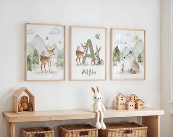 Woodland Animals Nursery Print Set, Forest Theme, Personalised Name Wall Art, Custom Kids Playroom Decor
